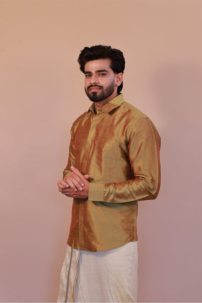 Men's Green Full-Sleeve  Silk Shirt - Luxury traditional Wear