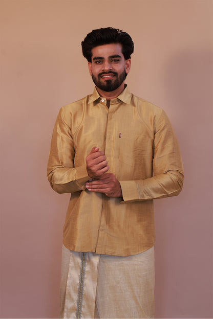 Men's Gold 11 Slub Zara Silk Shirt - Full Sleeve Luxury Traditional  Wear