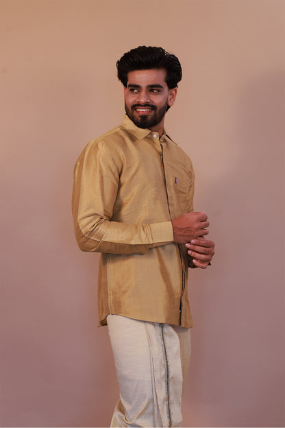 Men's Gold 11 Slub Zara Silk Shirt - Full Sleeve Luxury Traditional  Wear