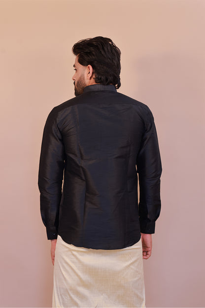 Men's Black Dupion Silk Shirt - Full Sleeve Stylish Evening Party Wear
