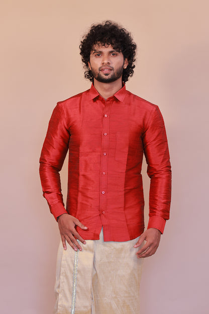 Men's Red Full-Sleeve  Silk Shirt - Luxury traditional Wear