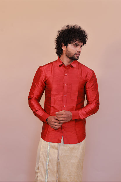 Men's Red Full-Sleeve  Silk Shirt - Luxury traditional Wear