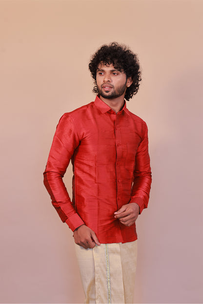 Men's Red Full-Sleeve  Silk Shirt - Luxury traditional Wear