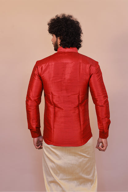 Men's Red Full-Sleeve  Silk Shirt - Luxury traditional Wear