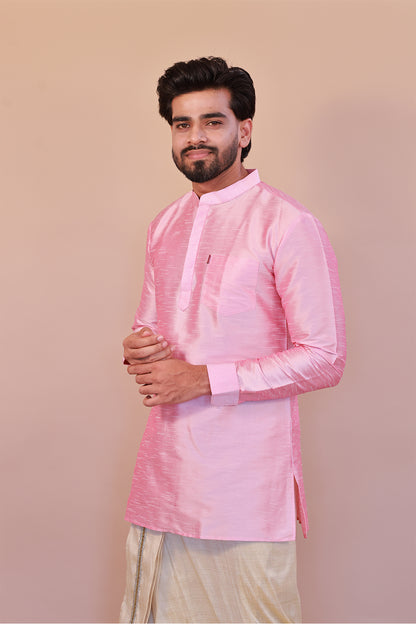 Men's Pink Dupion Silk Short Kurta - Full Sleeve Festive Ethnic Wear