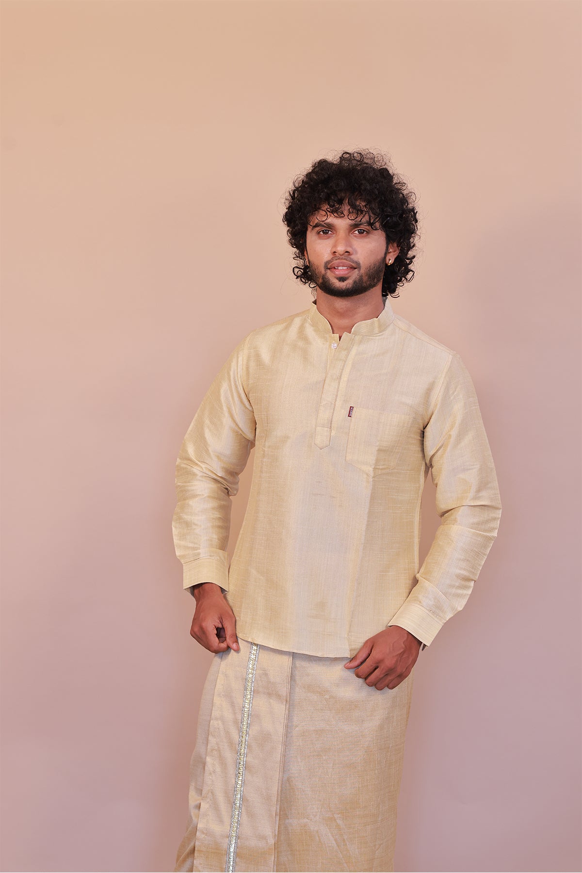 Men's Gold 2 Slub Zara Silk Short Kurta - Full Sleeve Ethnic Wear for Festive & Casual Occasions