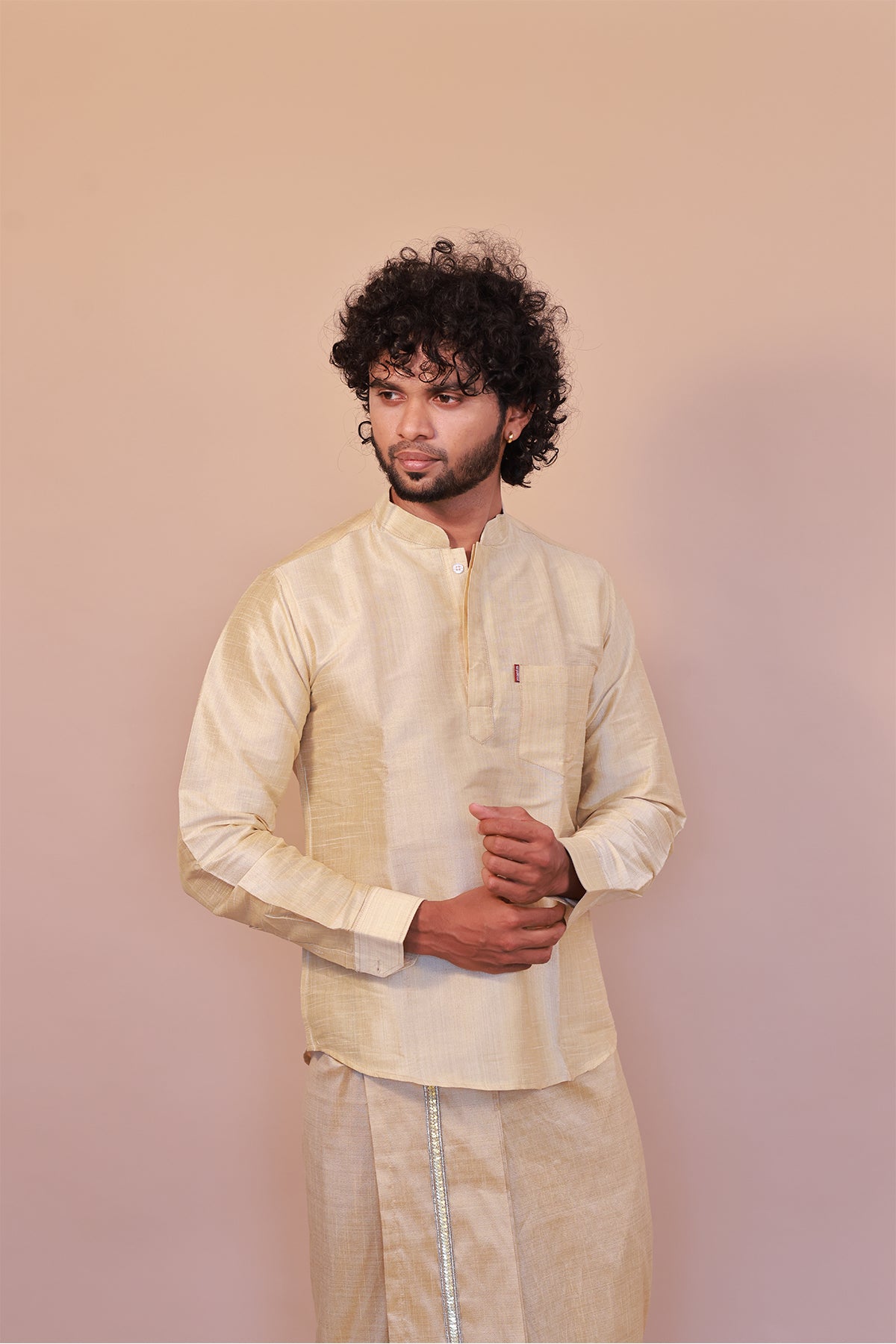 Men's Gold 2 Slub Zara Silk Short Kurta - Full Sleeve Ethnic Wear for Festive & Casual Occasions