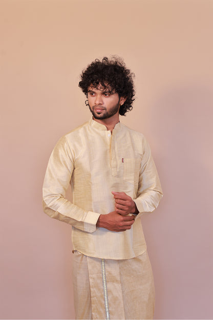 Men's Gold 2 Slub Zara Silk Short Kurta - Full Sleeve Ethnic Wear for Festive & Casual Occasions
