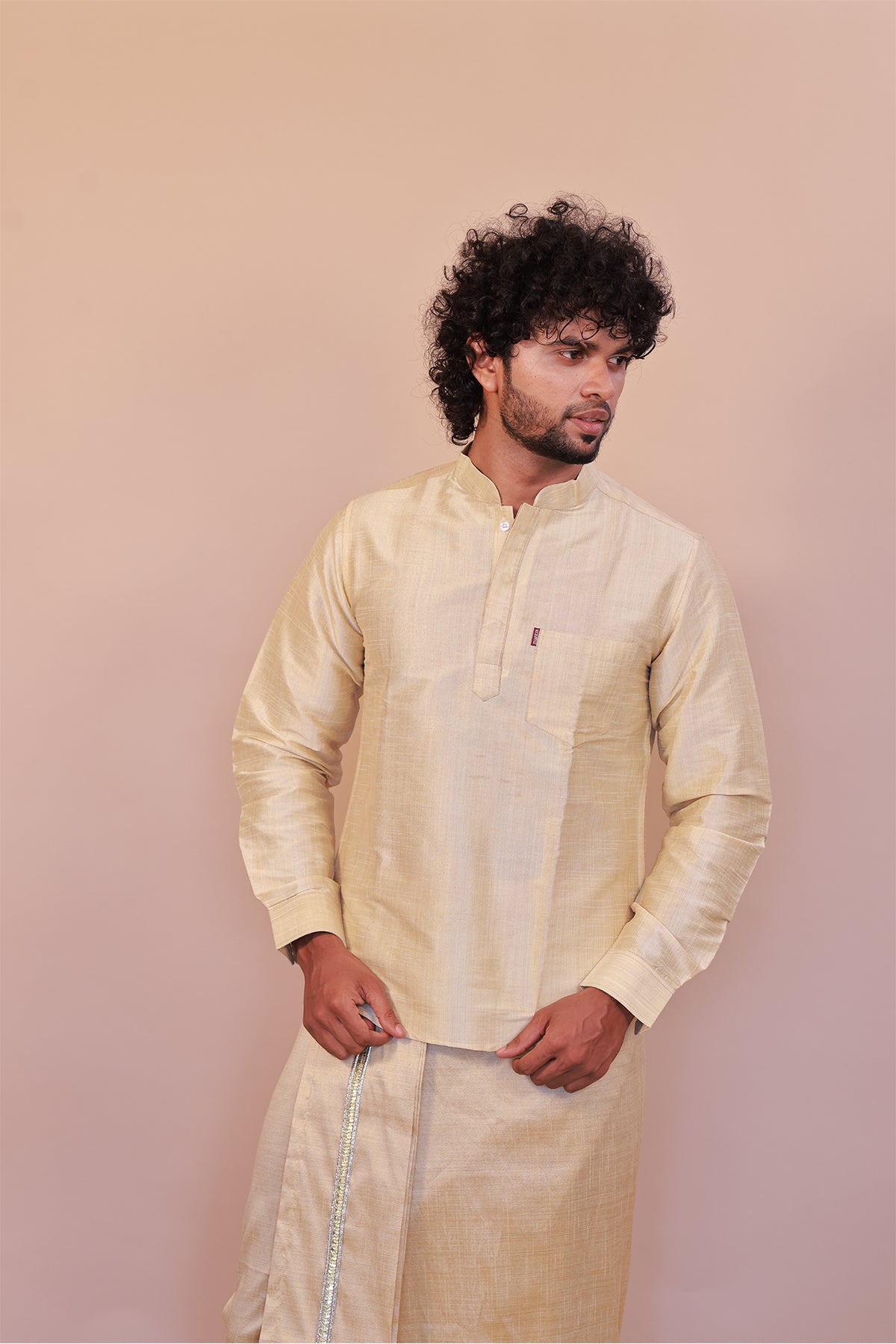 Men's Gold 2 Slub Zara Silk Short Kurta - Full Sleeve Ethnic Wear for Festive & Casual Occasions