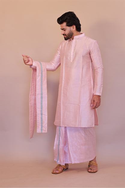 Pink Kurta, Lungi & Shawl Combo for Men