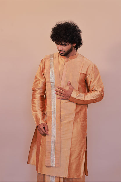 Men's Orange Silk Kurta - Full Sleeve Traditional Ethnic Wear for Weddings & Festivals