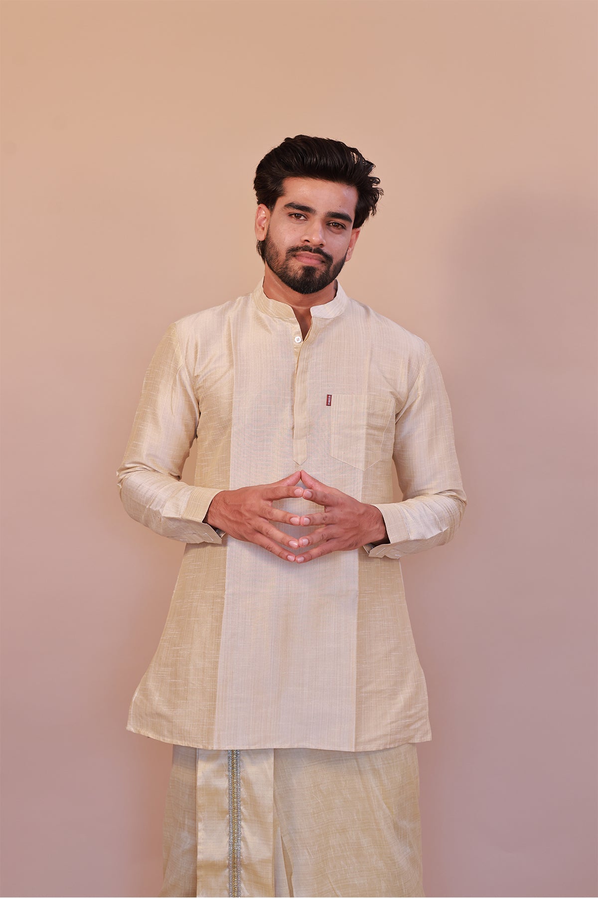 Men's Gold 1 Slub Zara Silk Short Kurta - Full Sleeve Ethnic Wear for Festive & Casual Occasions