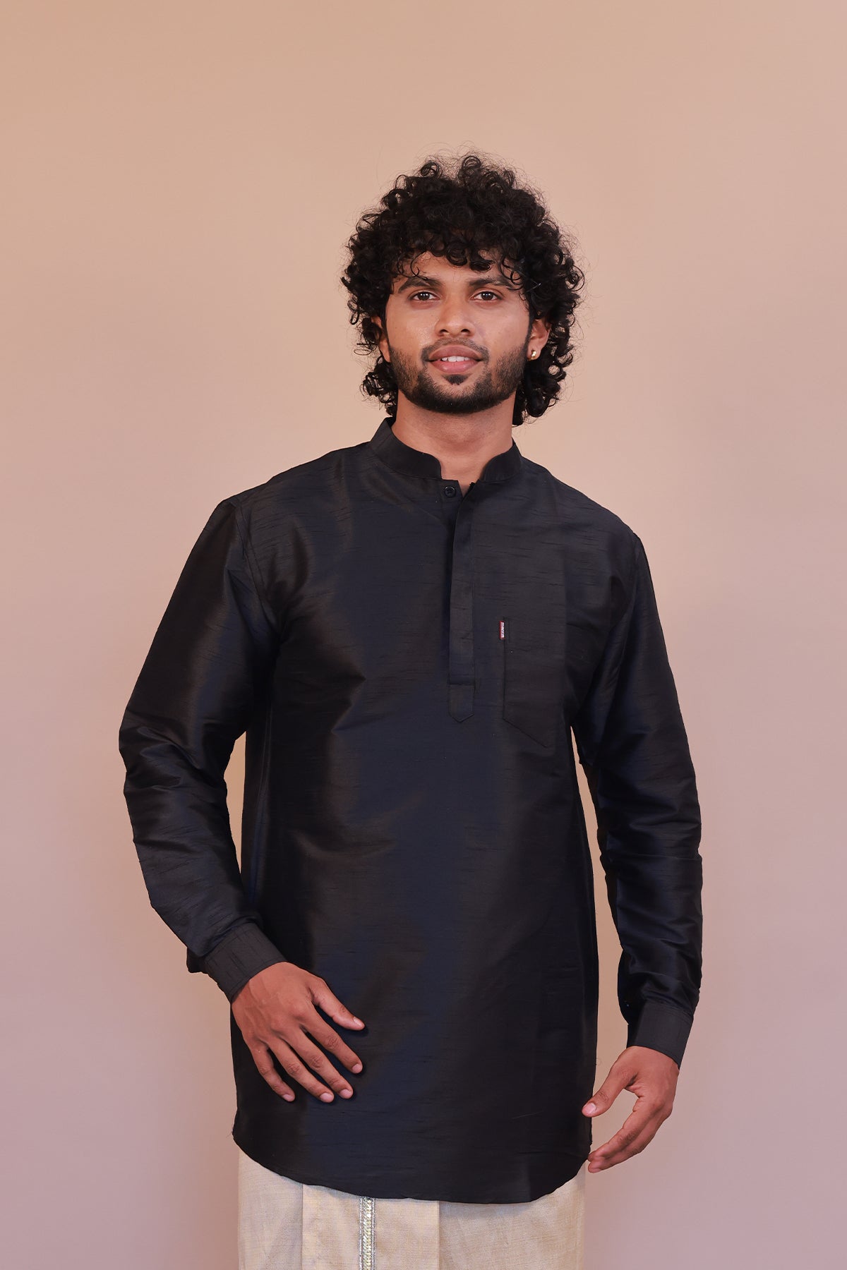 Men's Black Dupion Silk Short Kurta - Full Sleeve Premium Party Wear