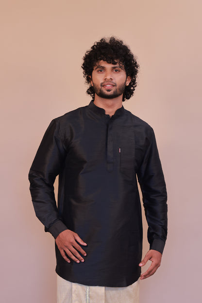 Men's Black Dupion Silk Short Kurta - Full Sleeve Premium Party Wear