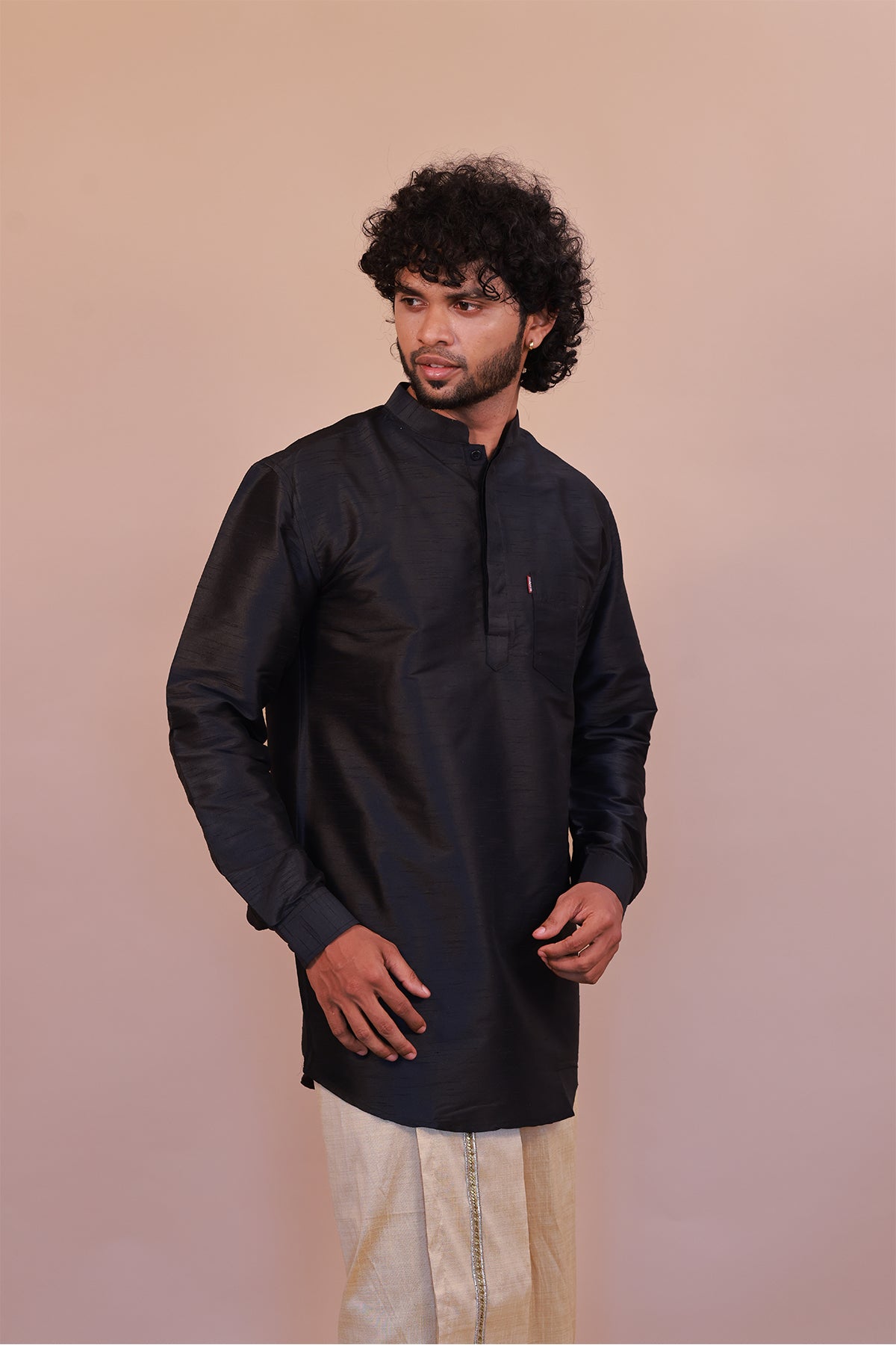 Men's Black Dupion Silk Short Kurta - Full Sleeve Premium Party Wear