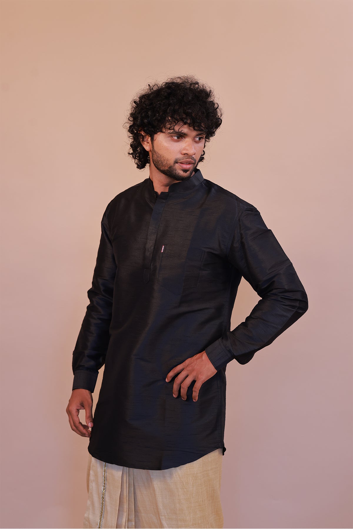 Men's Black Dupion Silk Short Kurta - Full Sleeve Premium Party Wear