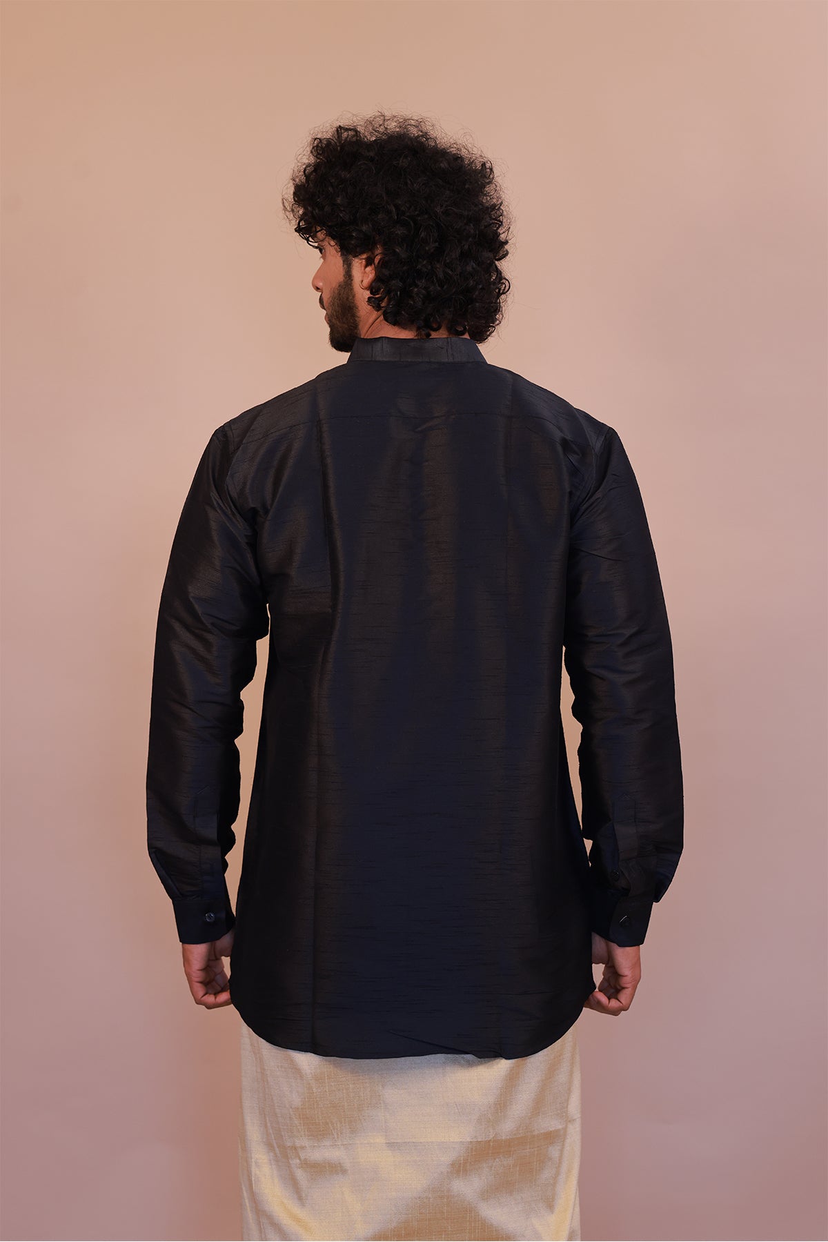 Men's Black Dupion Silk Short Kurta - Full Sleeve Premium Party Wear