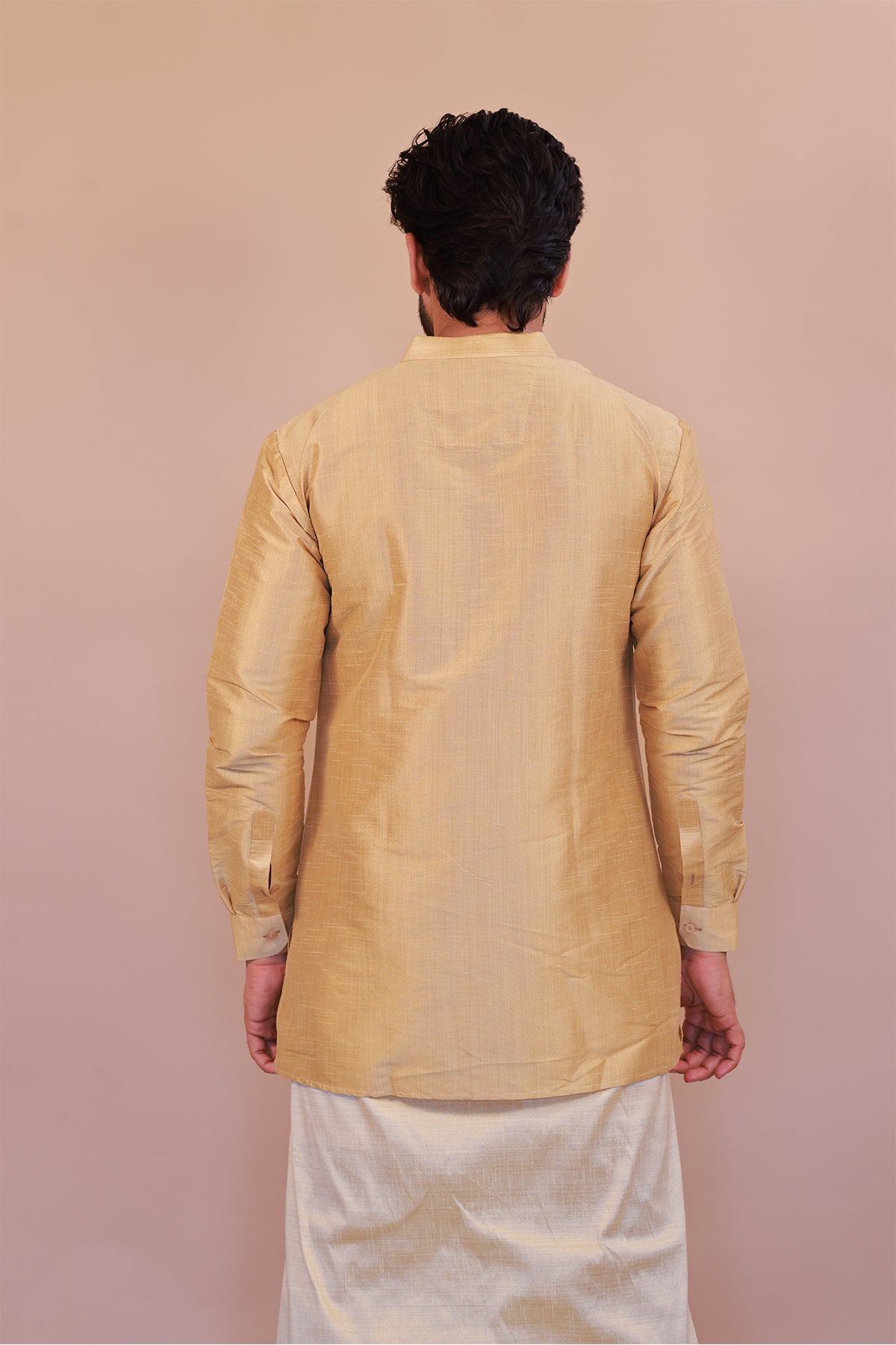 Men's Gold 6 Slub Zara Silk Short Kurta - Full Sleeve Ethnic Wear for Festive & Casual Occasions