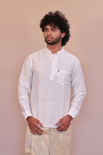 Men's White Slub Cotton Short Kurta - Full Sleeve Stylish Casual Attire