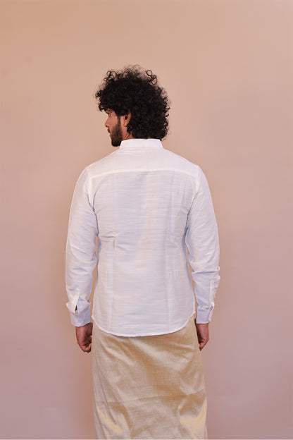 Men's White Slub Cotton Short Kurta - Full Sleeve Stylish Casual Attire