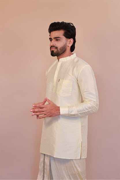 Men's Cream Dupion Silk Short Kurta - Full Sleeve Elegant Casual Ethnic Wear