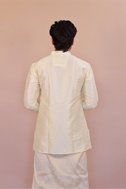 Men's Cream Dupion Silk Short Kurta - Full Sleeve Elegant Casual Ethnic Wear