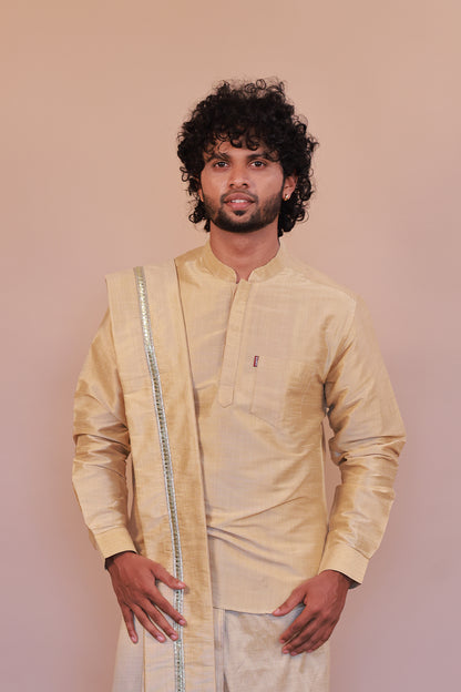 Men's Gold 3 Slub Zara Silk Short Kurta - Full Sleeve Ethnic Wear for Festive & Casual Occasions