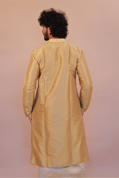 Men's  Gold 6 Slub Zara Silk Kurta - Full Sleeve Traditional Ethnic Wear for Weddings & Festivals