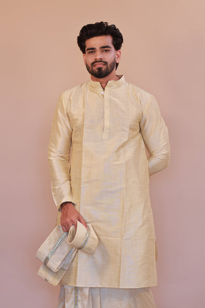 Men's  Gold 1 Slub Zara Silk Kurta - Full Sleeve Traditional Ethnic Wear for Weddings & Festivals