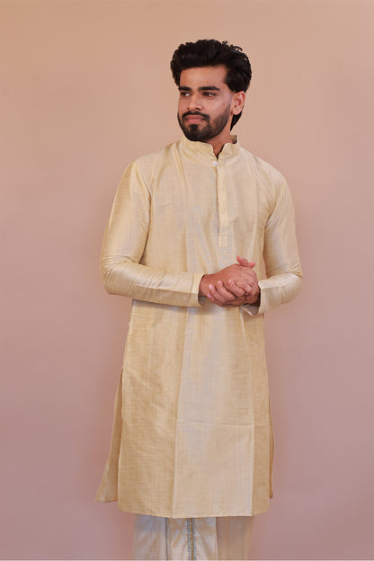 Men's  Gold 1 Slub Zara Silk Kurta - Full Sleeve Traditional Ethnic Wear for Weddings & Festivals
