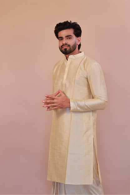 Men's  Gold 1 Slub Zara Silk Kurta - Full Sleeve Traditional Ethnic Wear for Weddings & Festivals