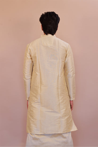 Men's  Gold 1 Slub Zara Silk Kurta - Full Sleeve Traditional Ethnic Wear for Weddings & Festivals