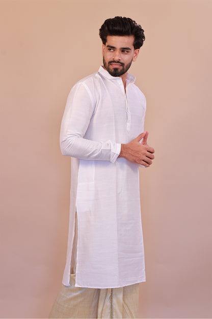 Men's White Slub Cotton  Kurta - Full Sleeve Stylish Casual Attire