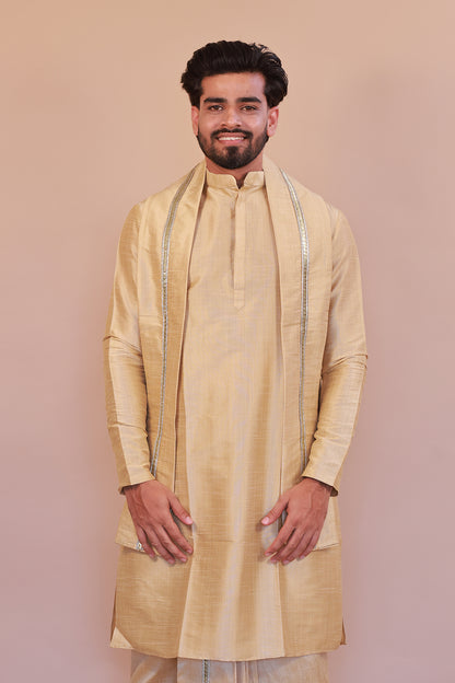 Men's  Gold 3 Slub Zara Silk Kurta - Full Sleeve Traditional Ethnic Wear for Weddings & Festivals