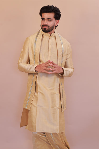 Men's  Gold 3 Slub Zara Silk Kurta - Full Sleeve Traditional Ethnic Wear for Weddings & Festivals