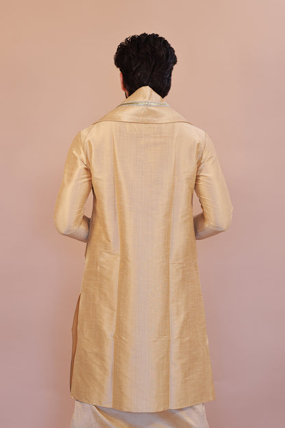 Men's  Gold 3 Slub Zara Silk Kurta - Full Sleeve Traditional Ethnic Wear for Weddings & Festivals