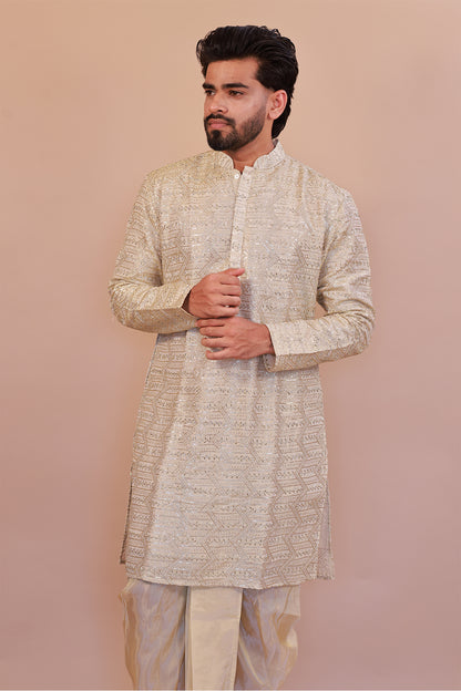 Stylish Men’s Cream Silk Kurta with Kaccha & Shwal