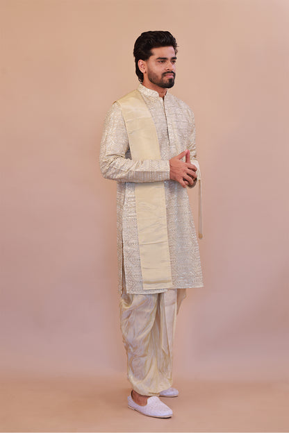 Stylish Men’s Cream Silk Kurta with Kaccha & Shwal