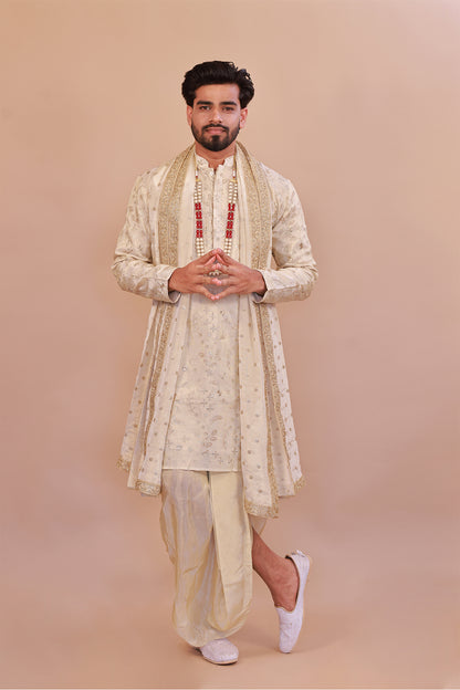 Men’s Elegant Cream Silk Kurta with Plain Kaccha & Shwal