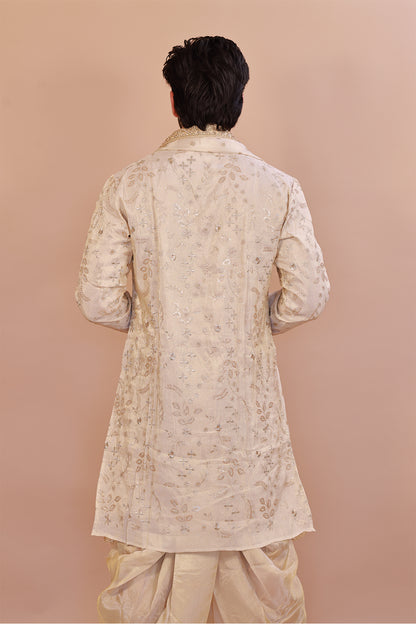Men’s Elegant Cream Silk Kurta with Plain Kaccha & Shwal