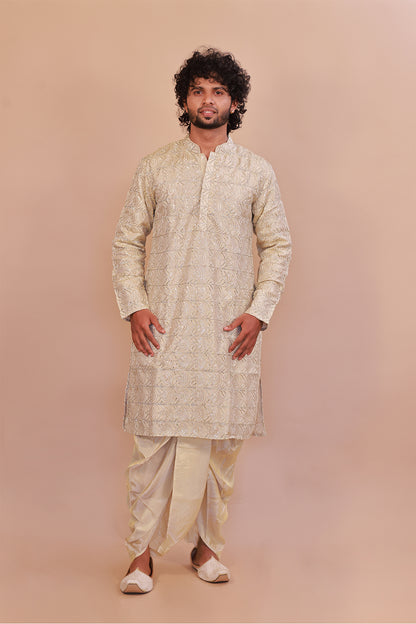 Chic Men’s Silk Cream Kurta Set Featuring Plain Kaccha & Shwal