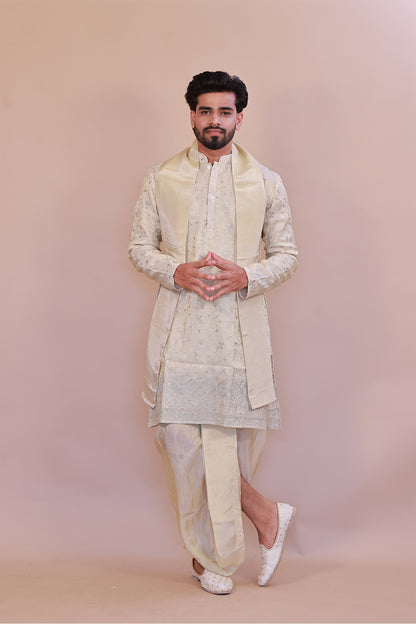 Embroidered Silk Kurta Set in Cream for Men