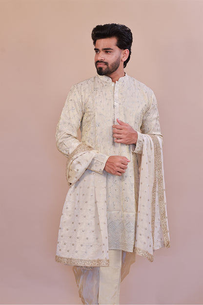 Embroidered Silk Kurta Set in Cream for Men