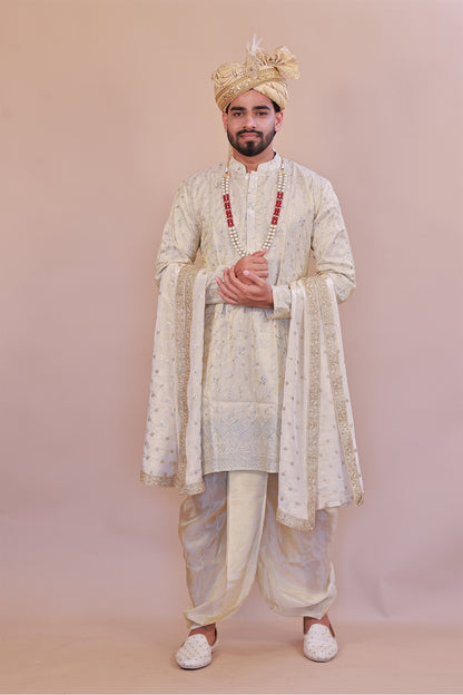 Embroidered Silk Kurta Set in Cream for Men