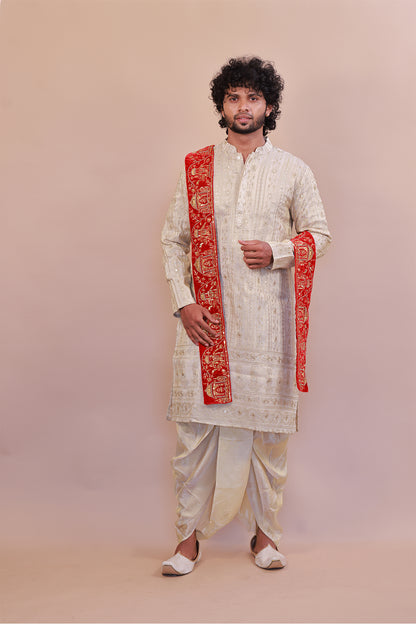 Traditional Red Velvet Shawl for Men with Fine Embroidery and Stonework