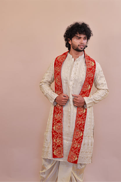 Traditional Red Velvet Shawl for Men with Fine Embroidery and Stonework