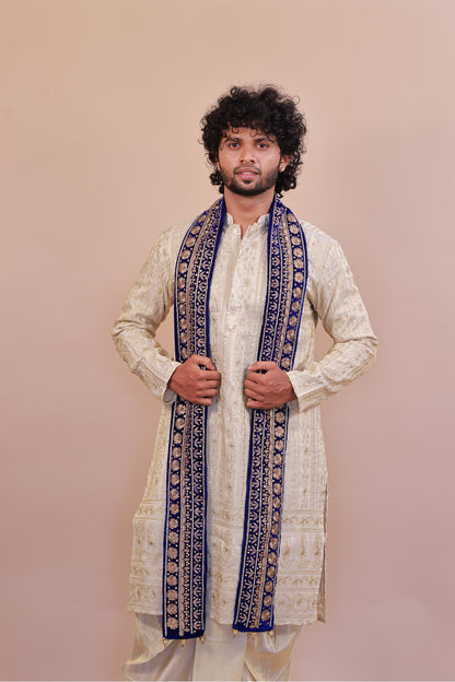 Royal Blue Velvet Embroidered Shawl for Men with Stone & Thread Accents