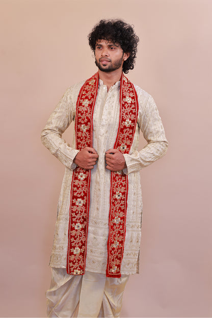 Floral Designer Red Velvet Shawl for Men - Embroidery with Mirror & Beads