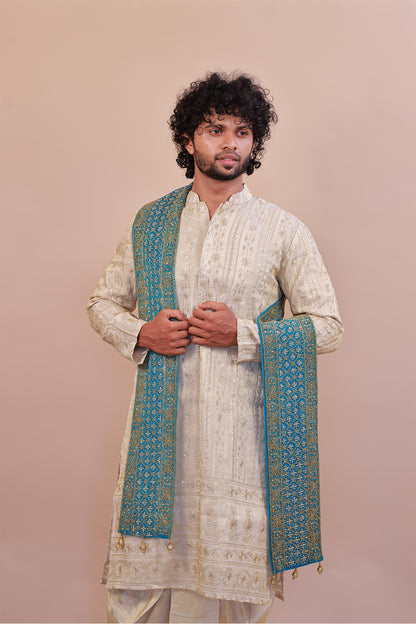 Sky Blue Velvet Shawl for Men – Embellished with Stone & Cutter Beads