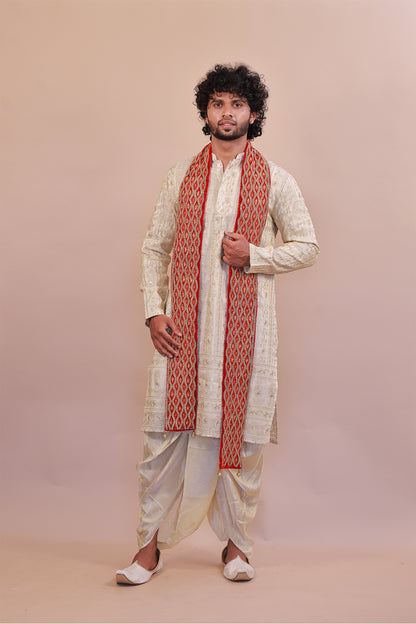 Exquisite Red Velvet Embroidered Shawl with Stones & Gold Beads